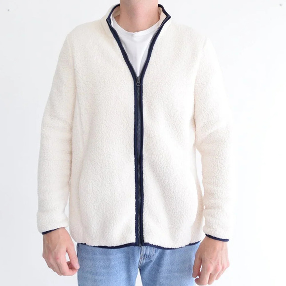 Lands End Cream And Navy  Fleece Breathable Zip Up Sweater Size Large - Picture 2 of 12